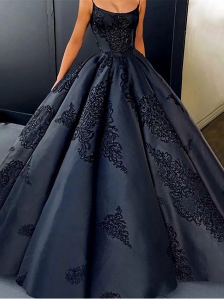 Black Ball Gowns Prom Dresses, Spaghetti Straps Lace Long Prom Dresses