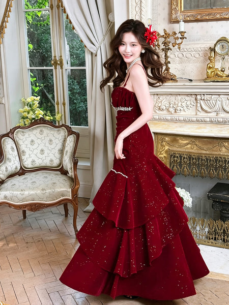 burgundy cocktail dress for wedding guest Burgundy Velvet Long Mermaid Prom Dresses, Wine Red Long Fomal Graduat –  jbydress