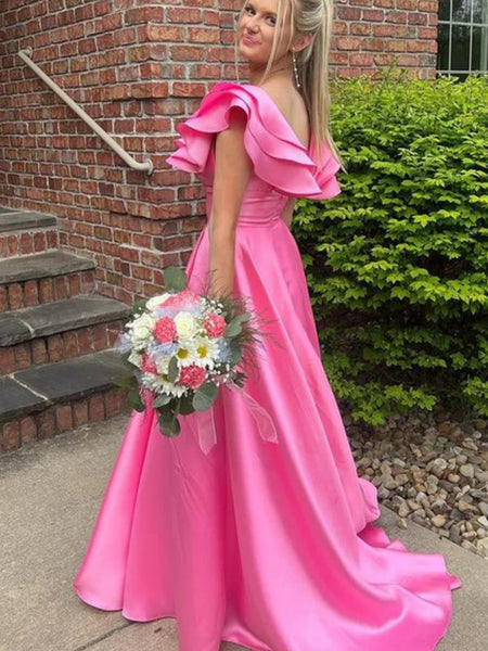 Cap Sleeves Hot Pink Satin Long Prom Dresses with High Slit, Long Pink