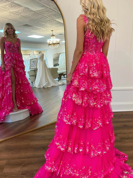 Hot Pink High Low Lace Prom Dresses, Hot Pink High Low Lace Formal Evening Dresses