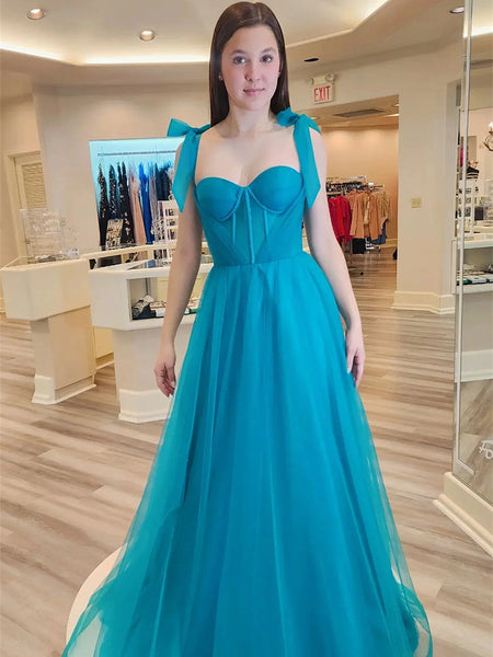 Jade Sweetheart Bow Tie Shoulder Tulle Long Prom Dress, Blue Long Tull jbydress Jade Sweetheart Bow Tie Shoulder Tulle Long Prom Dress, Blue Long Tull jbydress