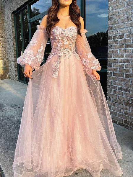Long Sleeves Pink Lace Prom Dresses, Pink Lace Long Formal Evening Dre