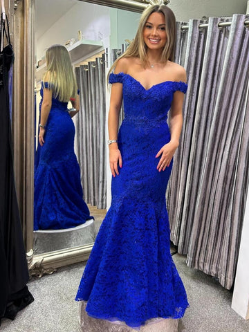 Off Shoulder Mermaid Blue Lace Long Prom Dresses, Mermaid Blue Formal Dresses, Blue Lace Evening Dresses