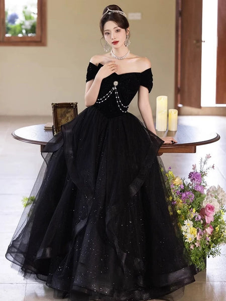 Off the Shoulder Black Tulle Lace Prom Dresses, Off Shouder Black Lace – jbydress Off the Shoulder Black Tulle Lace Prom Dresses, Off Shouder Black Lace – jbydress