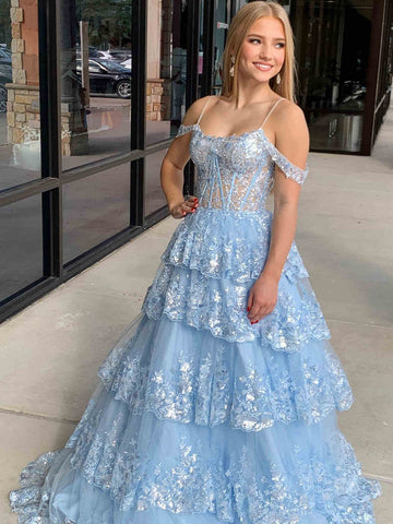 Off the Shoulder Blue Purple Ruffle Tiered Lace Prom Dresses, Blue Purple Ruffle Tiered Lace Formal Evening Dresses