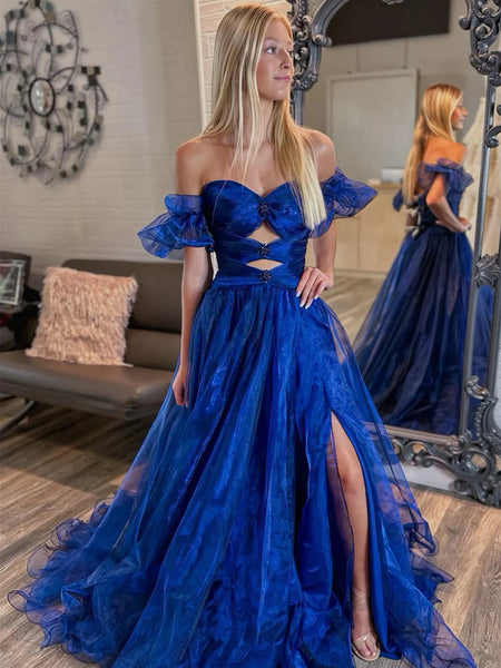 Off the Shoulder Royal Blue Long Organza Prom Dresses, Royal Blue Off