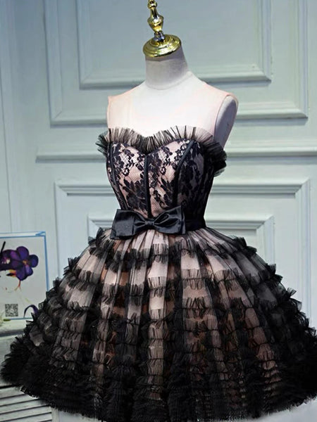Round Neck Short Black Lace Prom Dresses, Cute Short Lace Formal Gradu –  jbydress