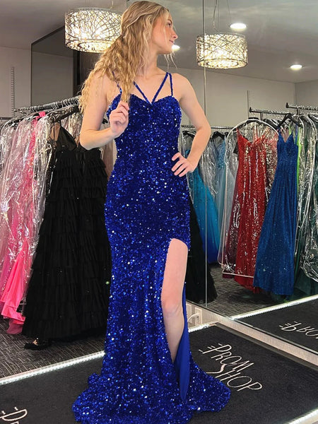 Royal Blue Sequins Mermaid Long Prom Dress, Royal Blue Mermaid Long Fo