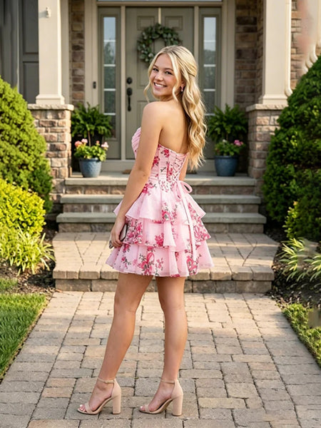 Short Pink Floral Prom Dresses, Short Pink Floral Formal Homecoming Dr – jbydress