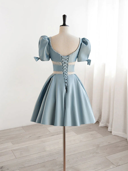 Short Sleeves Short Blue Prom Dresses, Short Blue Formal Homecoming Dr