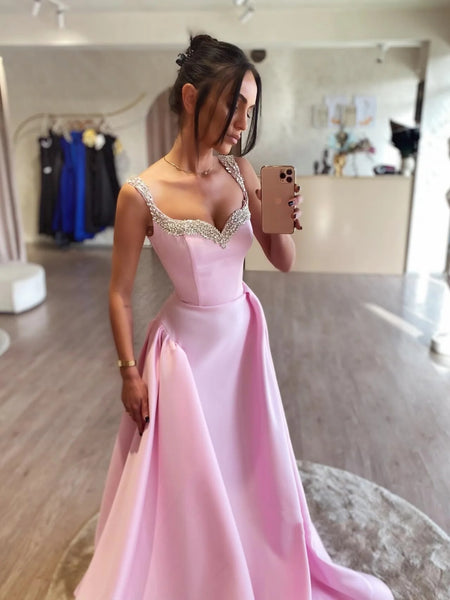 Simple A Line Pink Satin Long Prom Dresses with Beadings, Long Pink Formal Graduation Evening Dresses