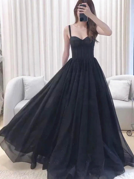 Simple Sweetheart Neck Black Long Prom Dresses, Long Black Formal Grad
