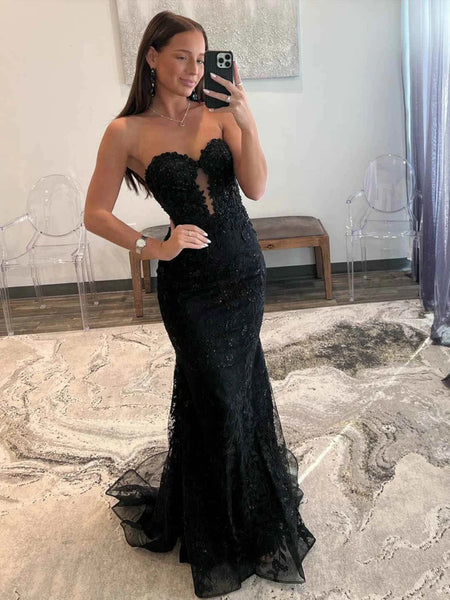 Strapless Black Mermaid Lace Prom Dresses, Black Mermaid Lace Formal Evening Dresses