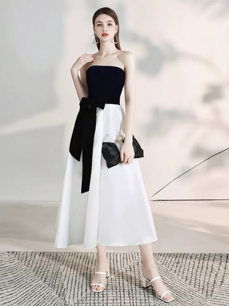 black and white engagement dress Black and White Bodycon Off the Shoulder Midi Engagement Dress with Bow
