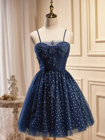 Strapless Short Navy Blue Prom Dresses, Short Dark Blue Formal Homecoming Dresses