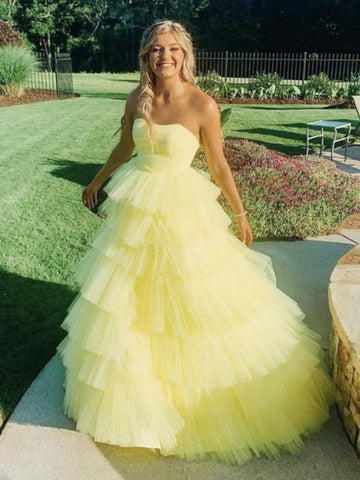 Strapless Yellow Tulle Layered Long Prom Dresses, Long Yellow Formal Graduation Evening Dresses
