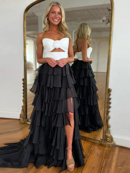 Sweetheart Neck Black and White Long Prom Dresses, Black and White Lon