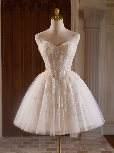 Sweetheart Neck Short Champagne Beaded Prom Dresses, Short Champagne B – jbydress