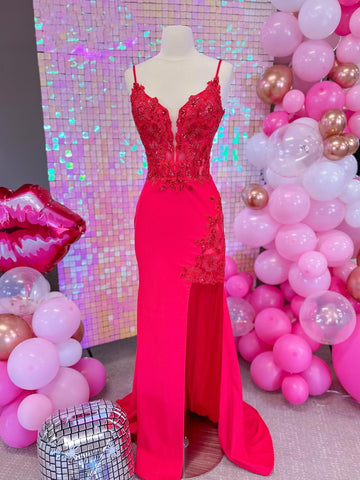 V Neck Mermaid Red Lace Long Prom Dresses with High Slit, Mermaid Red Formal Dresses, Red Lace Evening Dresses