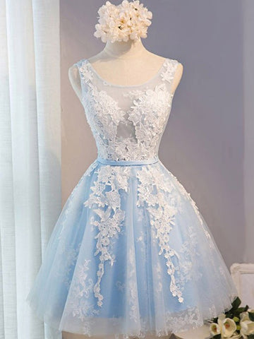 A Line Round Neck Short Blue Prom Dress with White Lace, Lace Formal Dresses, Short Graduation Dresses/Homecoming Dresses