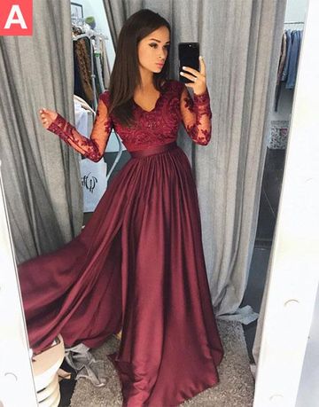 A Line Long Sleeves Burgundy/Pink/Navy Blue Lace Prom Dresses, Long Sl jbydress A Line Long Sleeves Burgundy/Pink/Navy Blue Lace Prom Dresses, Long Sl jbydress