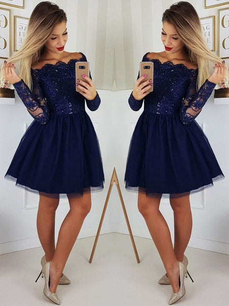 Custom Made A Line Long Sleeves Dark Navy Blue Lace Prom Dresses, Shor jbydress Custom Made A Line Long Sleeves Dark Navy Blue Lace Prom Dresses, Shor jbydress