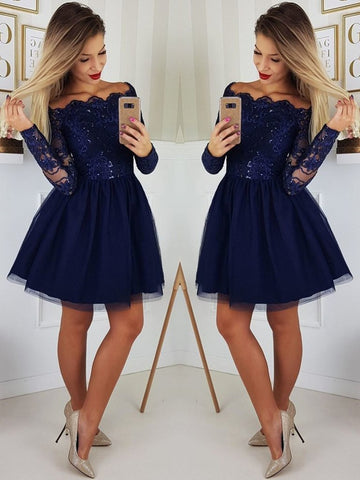 Custom Made A Line Long Sleeves Dark Navy Blue Lace Prom Dresses, Short Navy Blue Lace Homecoming/Graduation/Formal Dresses