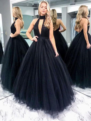 V Neck Black Backless Tulle Wedding Dresses, Black Backless Tulle Prom Gown Dresses, Formal Evening Dresses