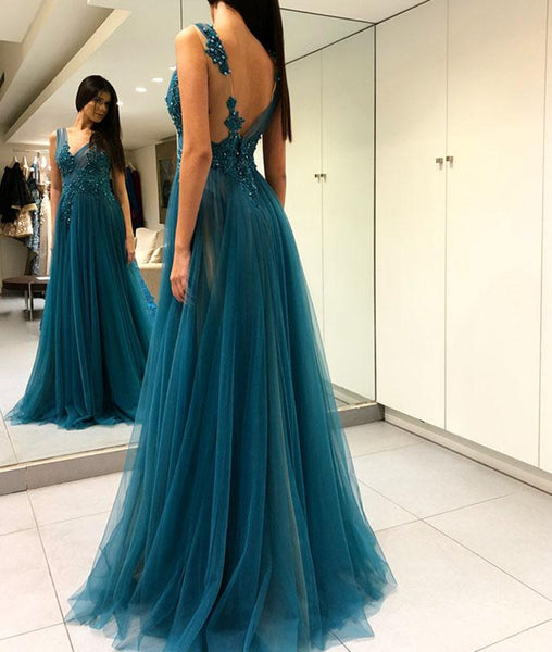 A Line Round Neck Open Back Lace Prom Dresses, Backless Lace Formal Dresses