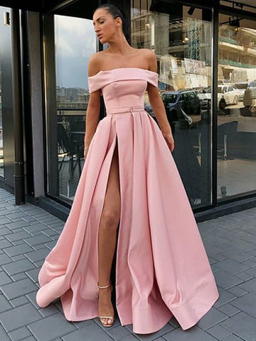 Custom Made Off Shoulder Pink Prom Dress with High Slit, High Slit Formal Dresses, Evening Dresses