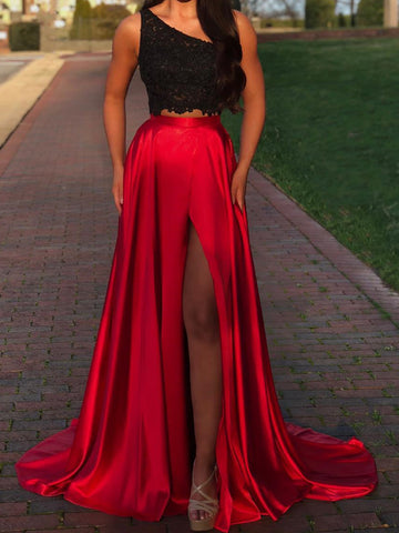 One Shoulder 2 Pieces Black Lace Prom Dresses, 2 Pieces Black Lace Formal Graduation Evening Dresses