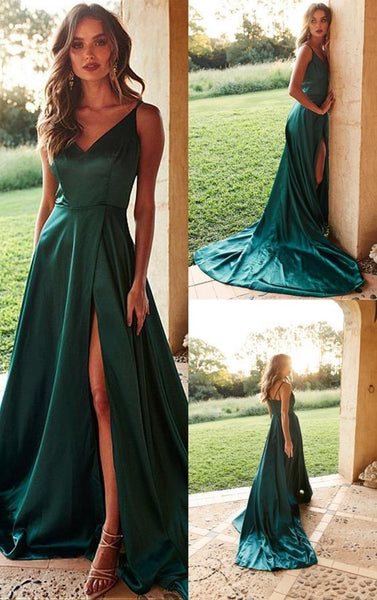 A Line V Neck Green Prom Dress with Train, High Slit Green Formal Even