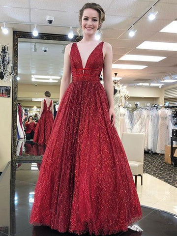 Burgundy V Neck Tulle Sequins Prom Dresses, Burgundy V Neck Tulle Formal Dresses, Graduation Dresses