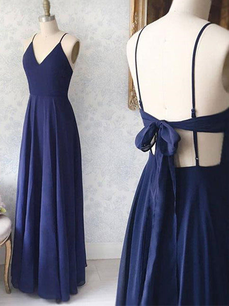 A Line V Neck Navy Blue Backless Prom Dresses, Navy Blue Backless Form