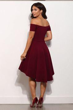A Line Off Shoulder High Low Burgundy Prom Dress, High Low Formal Dress, Burgundy Graduation Dress, Homecoming Dress