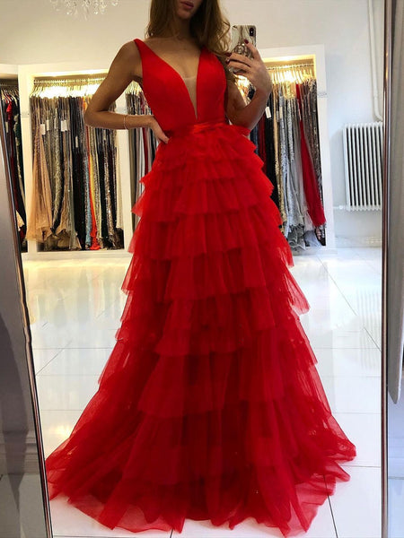 A Line V Neck Black Red Tulle Long Prom Dresses, Black Red Long Formal Evening Dresses