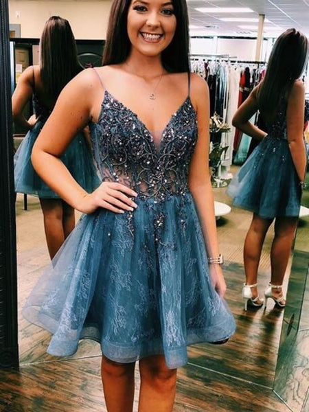Short V Neck Blue Lace Prom Dresses, V Neck Short Blue Lace Formal Homecoming Dresses main image 1