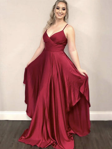A Line V Neck Burgundy Long Prom Dresses, V Neck Wine Red Long Formal Evening Dresses