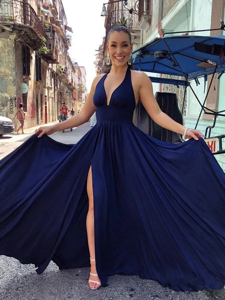A Line V Neck Dark Navy Blue Long Prom Dresses, Dark Navy Blue Long Fo – jbydress