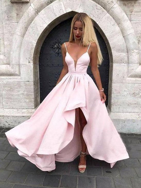 A Line V Neck Pink High Low Satin Prom Dresses, Pink High Low Satin Fo – jbydress