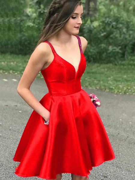 A Line V Neck Short Red Satin Prom Dresses, Short Red Formal Homecomin