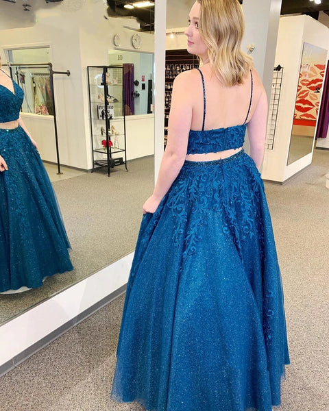 A Line V Neck Two Pieces Blue Lace Prom Dresses, 2 Pieces Blue Lace Formal Evening Dresses