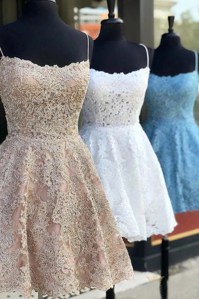 A Line Backless Short Blue Champagne White Lace Prom Dresses, Short Backless Lace Formal Homecoming Dresses