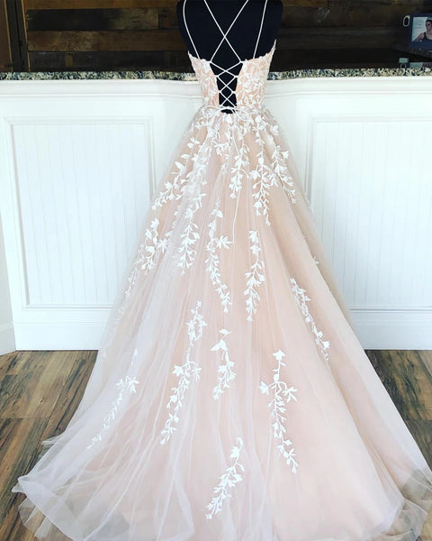 A Line Champagne Lace Wedding Dresses, Champagne Lace Prom Formal Evening Dresses with Corset Back