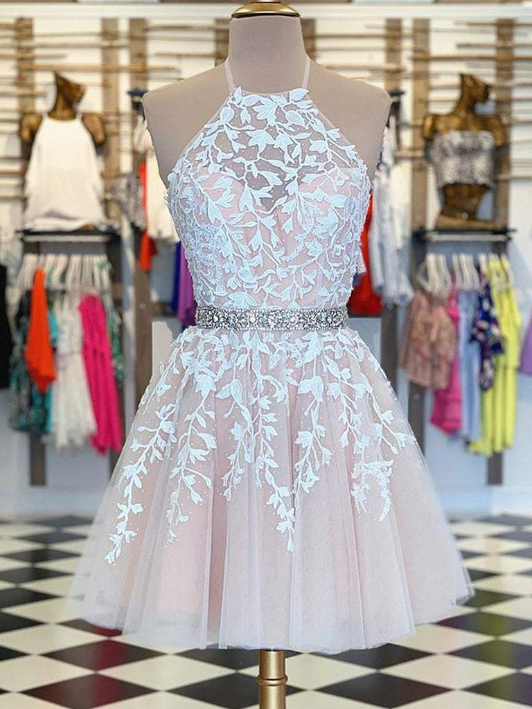 A Line Halter Neck Short Champagne Lace Prom Dresses, Short Champagne Lace Formal Homecoming Dresses