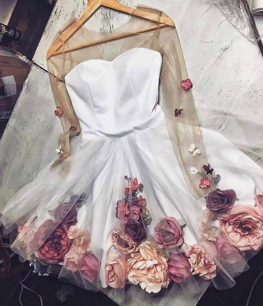 A Line Long Sleeves Short White Floral Prom Dresses, Short White Floral Graduation Homecoming Dresses