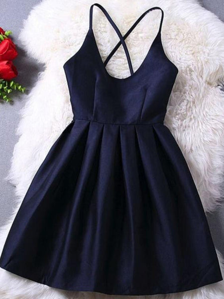 A Line Short Navy Blue Prom Dress with Cross-Back, Backless Short Grad