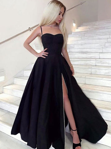 A Line Sweetheart Neck Black Prom Dresses Long, Black Long Formal Graduation Evening Dresses