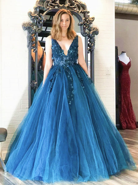 A Line V Neck Blue Floral Prom Dresses, Blue Floral Formal Evening Gra – jbydress