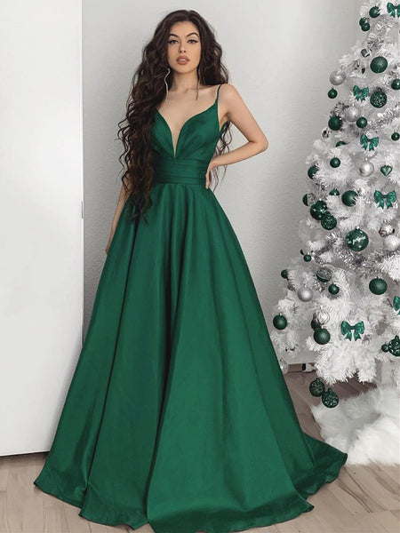 A Line V Neck Emerald Green Long Prom Dresses, Green V Neck Long Forma – jbydress
